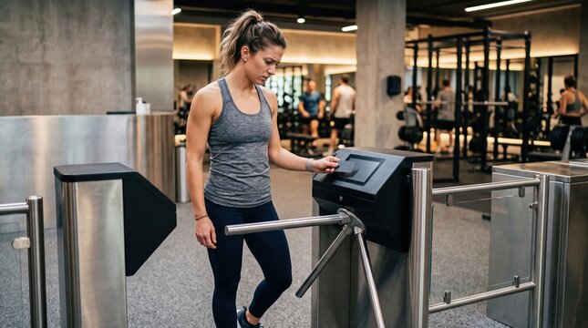 Gym turnstile locked as female athlete swipes membership card without response
