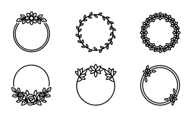 Fototapeta premium Floral Circle Frames, Decorative Round Borders, Botanical Wreath Elements, Vector Design Set