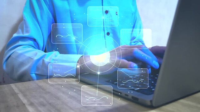 Businessman typing on laptop keyboard with digital dashboard hologram showing data chart network infrastructure financial analysis market statistic business intelligence technology.