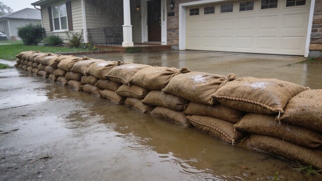 Flood control sandbags protecting residential neighborhood from overflowing river after heavy rain.