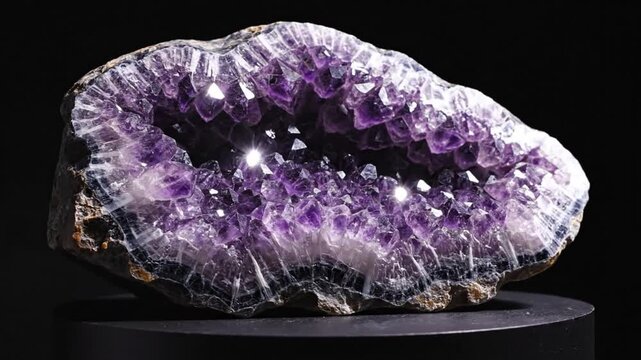 Mesmerizing close-up shot of an elegant amethyst geode with sparkling crystal formations on black background