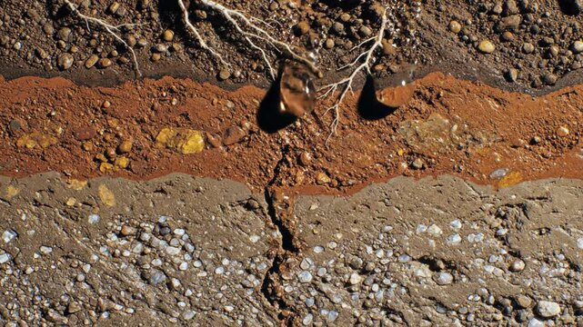 Cross-section of soil layers with water dripping through, illustrating geological process and earth science concepts