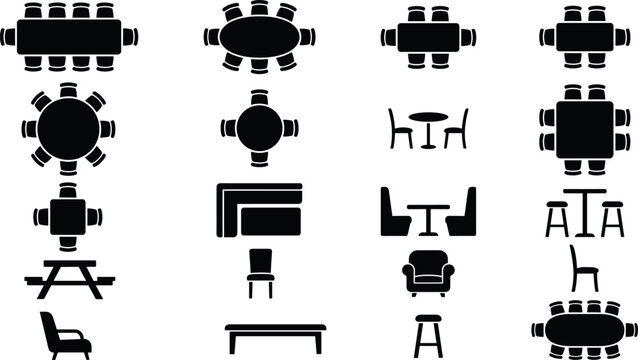 Furniture table and chair layout vector set featuring black silhouettes of dining conference seating arrangements top view floor plan