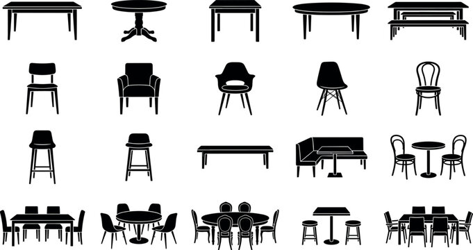 Dining table and chair furniture vector set featuring black silhouettes of modern seating arrangements side view design templates