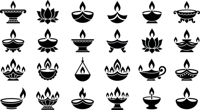 Diwali diya icon vector set featuring black silhouettes of traditional oil lamps lotus shapes and festive holiday illumination elements