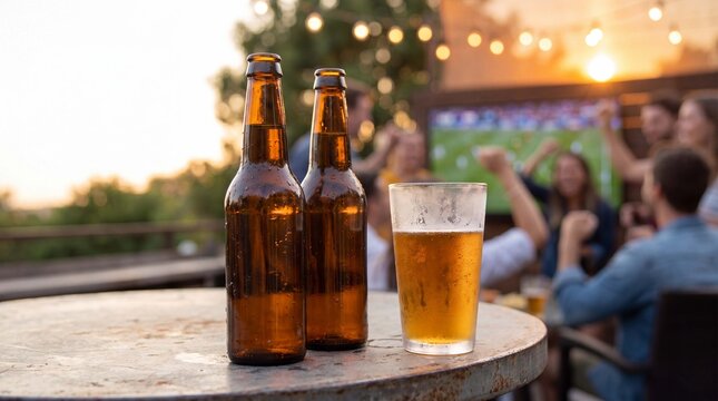 Condensation covers beer bottles and a frosted glass at a sunset sports viewing party with string lights