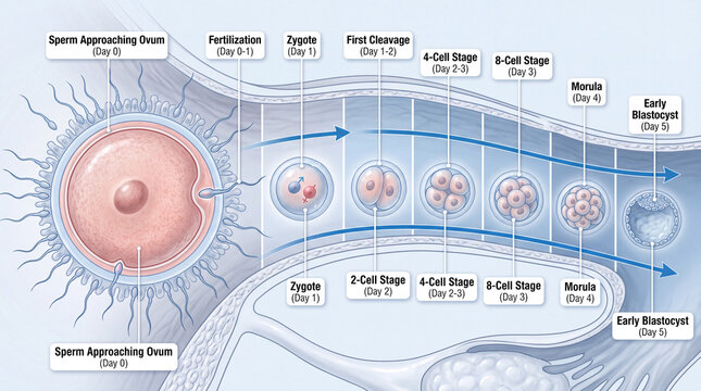 Human Fertilization Process and Early Embryo Development from Zygote to Blastocyst Medical Illustration