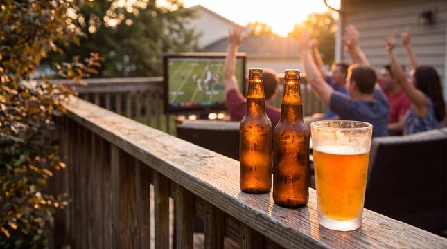 Condensation-covered beer bottles and a frosted pint glass rest on a deck railing at a sunset sports party
