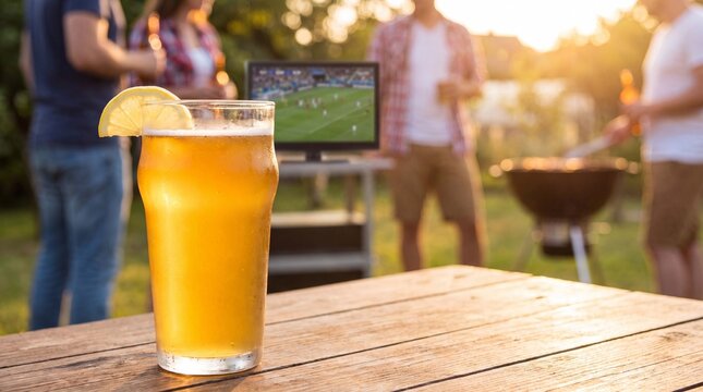 Ice-cold wheat beer glass with lemon rests near a summer barbecue where friends watch a sports game