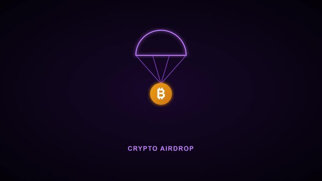 Bitcoin crypto airdrop animation: glowing digital currency parachute concept 4k cryptocurrency blockchain