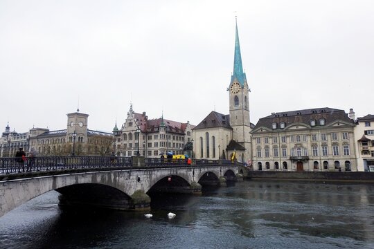 Munsterbrucke Bridge and Fraumunster Church, Zurich, Switzerland