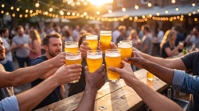 Friends celebrate International Beer Day by raising IPA glasses at an outdoor bar under warm string lights at dusk