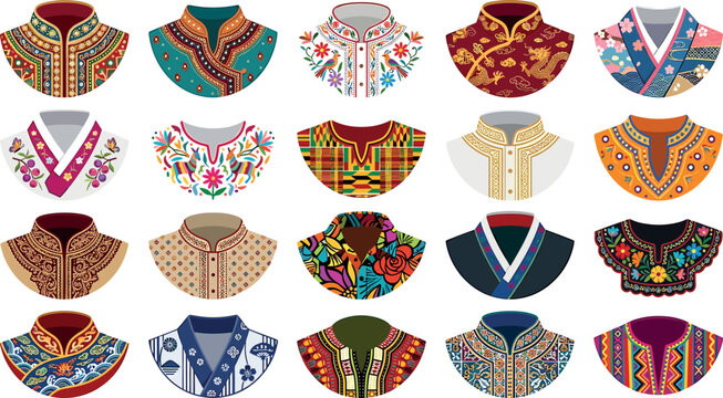 Traditional ethnic costume collar vector set featuring diverse cultural apparel necklines floral embroidery oriental patterns and tribal shirt designs