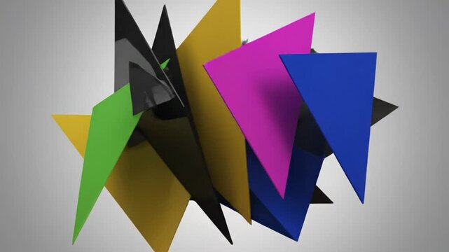 Abstract geometric 3D animation of colorful glossy triangles rotating in a modern, minimalistic digital art style