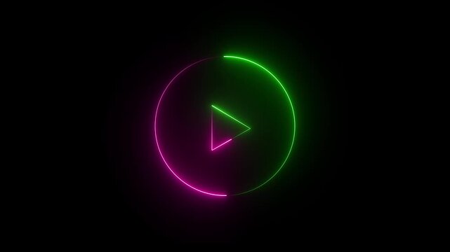 Glowing neon shine play button sign with neon circle animation. Neon glowing play button icon on the black background. green and pink color neon icon. 4k animation motion video..