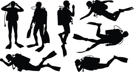 Set of black silhouette showing scuba divers in various underwater swimming and exploration poses on white background © Aman9