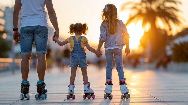 Faceless family enjoying a sunset roller skating session together, family bonding, outdoor recreation, golden hour, active lifestyle, with copy space