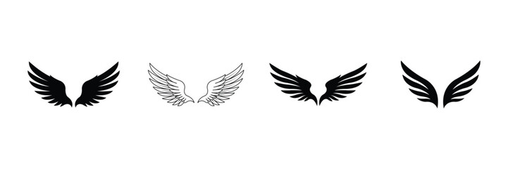 Naklejka premium Angel and bird wings vector icon set featuring heraldic silhouette and outline feather pairs.