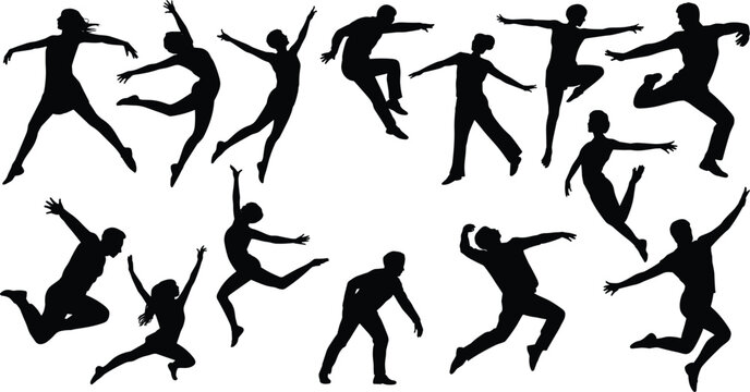 Set of black silhouettes depicting people in dynamic dancing and jumping poses isolated on a white background, for energetic movement themes
