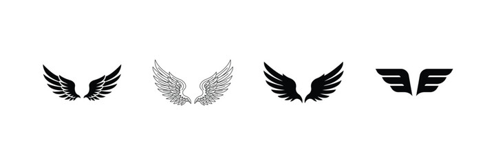 Wing vector icons set with angel bird feather silhouette line art and geometric wing design. © Prosenjit