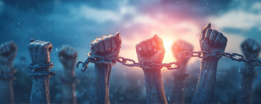 Raised hands breaking free from chains, symbolizing liberation, resistance, and overcoming oppression under a stormy sky with sunlight breaking through.