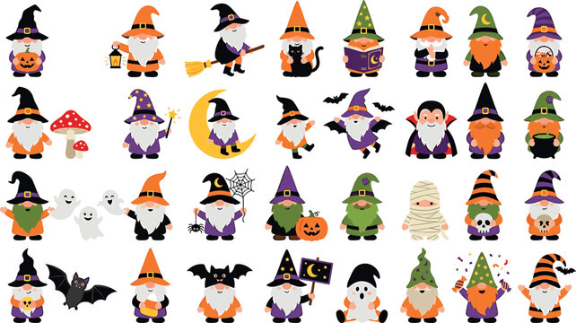 Cute Halloween gnomes cartoon vector character collection featuring spooky garden tomte wizards vampires mummies pumpkins ghosts and autumn festive elements.