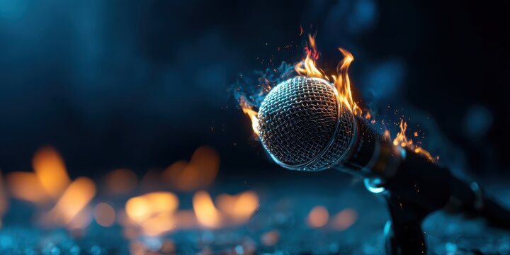 A close-up of a microphone engulfed in flames, symbolizing intense passion or powerful speech against a dark, blurred background.