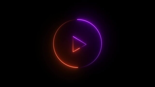 Glowing neon shine play button sign with neon circle animation. Neon glowing play button icon on the black background. purple and orange color neon icon. 4k animation motion video..