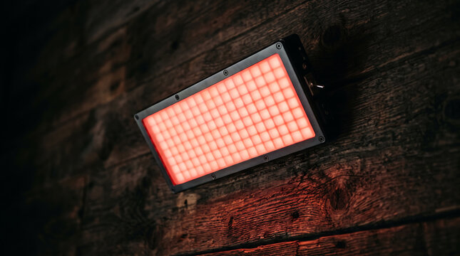 Red LED panel light mounted on wooden surface with warm ambient lighting effect