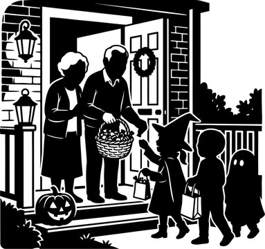 Happy couple giving Halloween candy to trick-or-treaters on porch