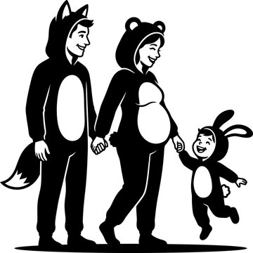 Happy family in animal costume walking together silhouette