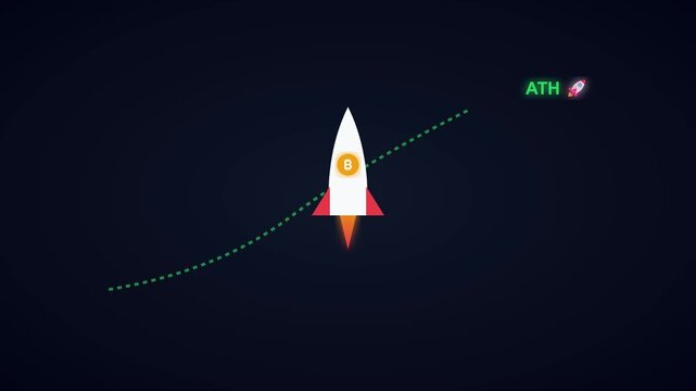 Bitcoin rocket launching to ath, cryptocurrency market growth and bull run animation 4k