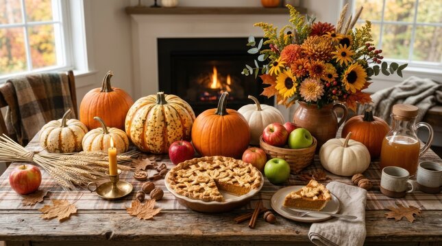A cozy autumnal table setting with pumpkins, apples, and a vase of flowers, with a fireplace in the background.