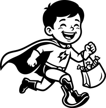 Happy cartoon superhero child running with candy bag