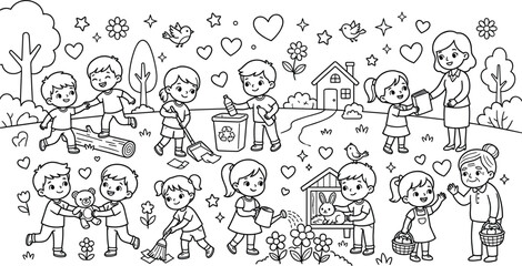 Fototapeta premium Happy children doing kind community activities recycling watering flowers feeding animals helping elders outline vector coloring page illustration