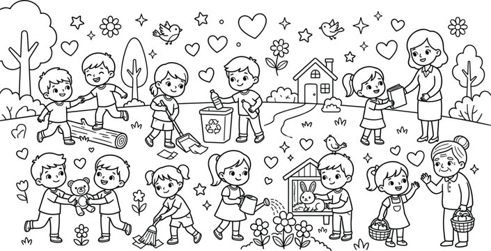 Happy children doing kind community activities recycling watering flowers feeding animals helping elders outline vector coloring page illustration