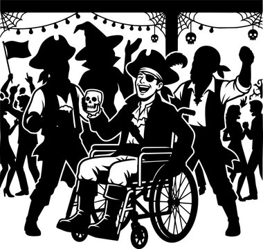 Disabled pirate man celebrating Halloween in wheelchair with friends