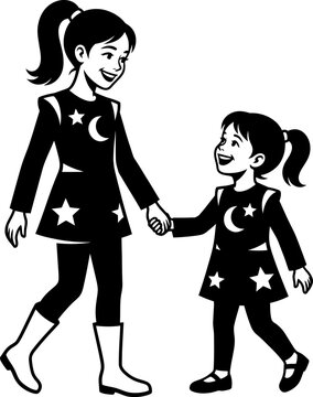 Happy mother and daughter walking together in matching outfits