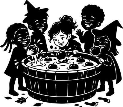 Kids in witch costumes having fun with apple bobbing