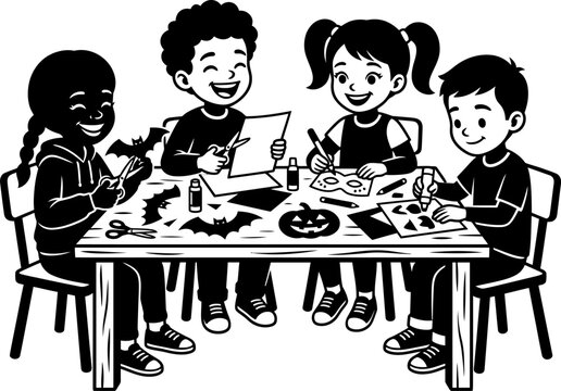 Kids making Halloween crafts together at a table