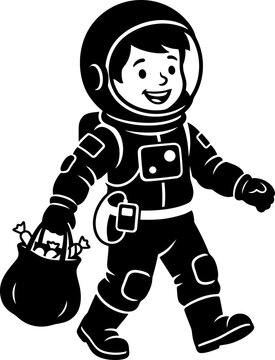 Cute astronaut walking with star-filled bag in black and white illustration