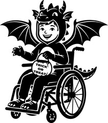 Disabled child in dragon costume trick or treating on Halloween