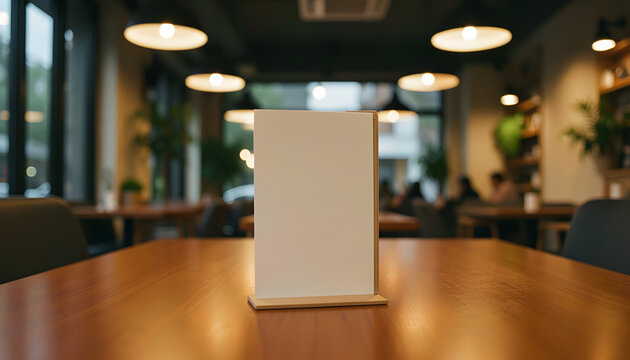 minimalist menu stand stands on a beautifully polished wooden table in a trendy, inviting cafe, created with generative ai