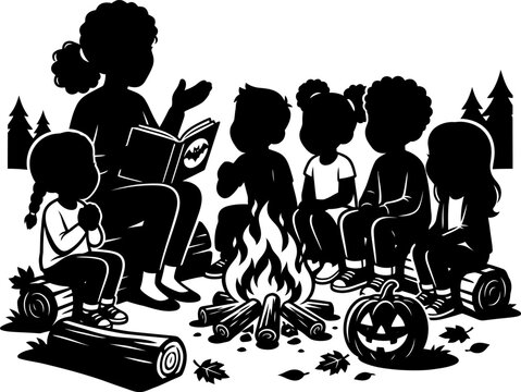 Children gathered around a campfire listening to a story at Halloween