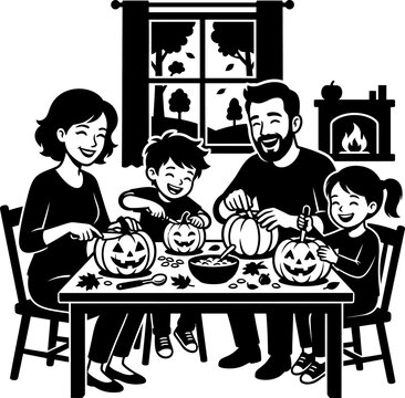 Family Carving Pumpkins Together on Halloween Night Indoors