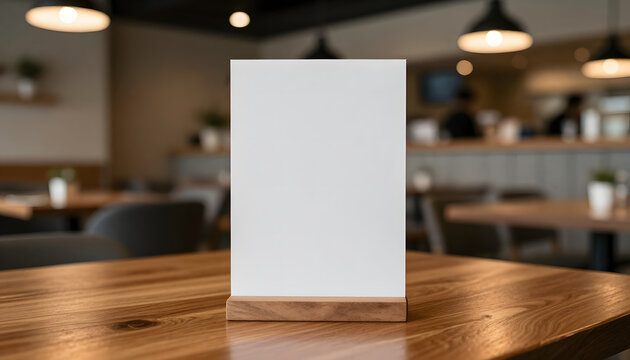 minimalist menu stand stands on a beautifully polished wooden table in a trendy, inviting cafe, created with generative ai