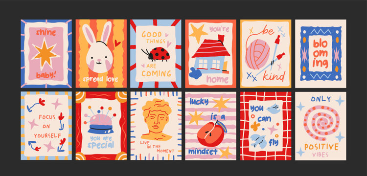Retro 90s positive posters with motivational quotes, cute bunny, flowers, lucky symbols and playful typography, colorful vintage wall decor for bedrooms, nurseries, boutiques and happy home interiors