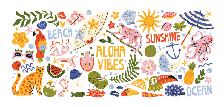 Tropical island life stickers with palm trees, tropical animals, exotic fruits, ocean plants and coastal nature, paradise vacation elements, summer beach travel and tropical lifestyle