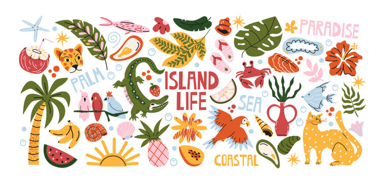 Tropical island life stickers with palm trees, tropical animals, exotic fruits, ocean plants and coastal nature, paradise vacation elements, summer beach travel and tropical lifestyle
