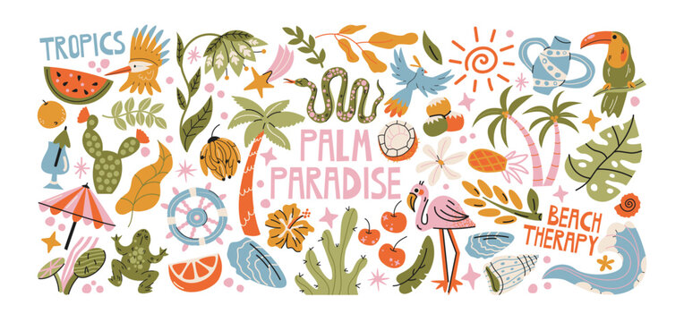 Tropical island life stickers with palm trees, tropical animals, exotic fruits, ocean plants and coastal nature, paradise vacation elements, summer beach travel and tropical lifestyle